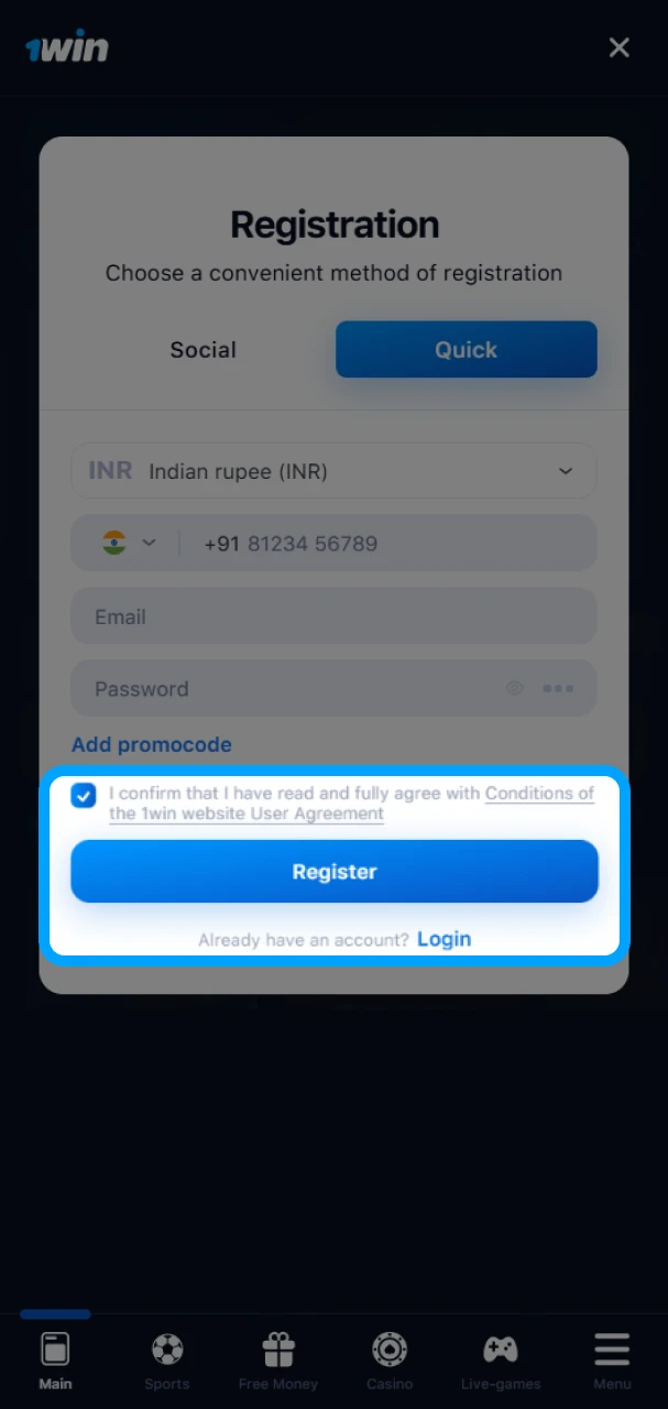 Click on the Register button to create a 1Win account.