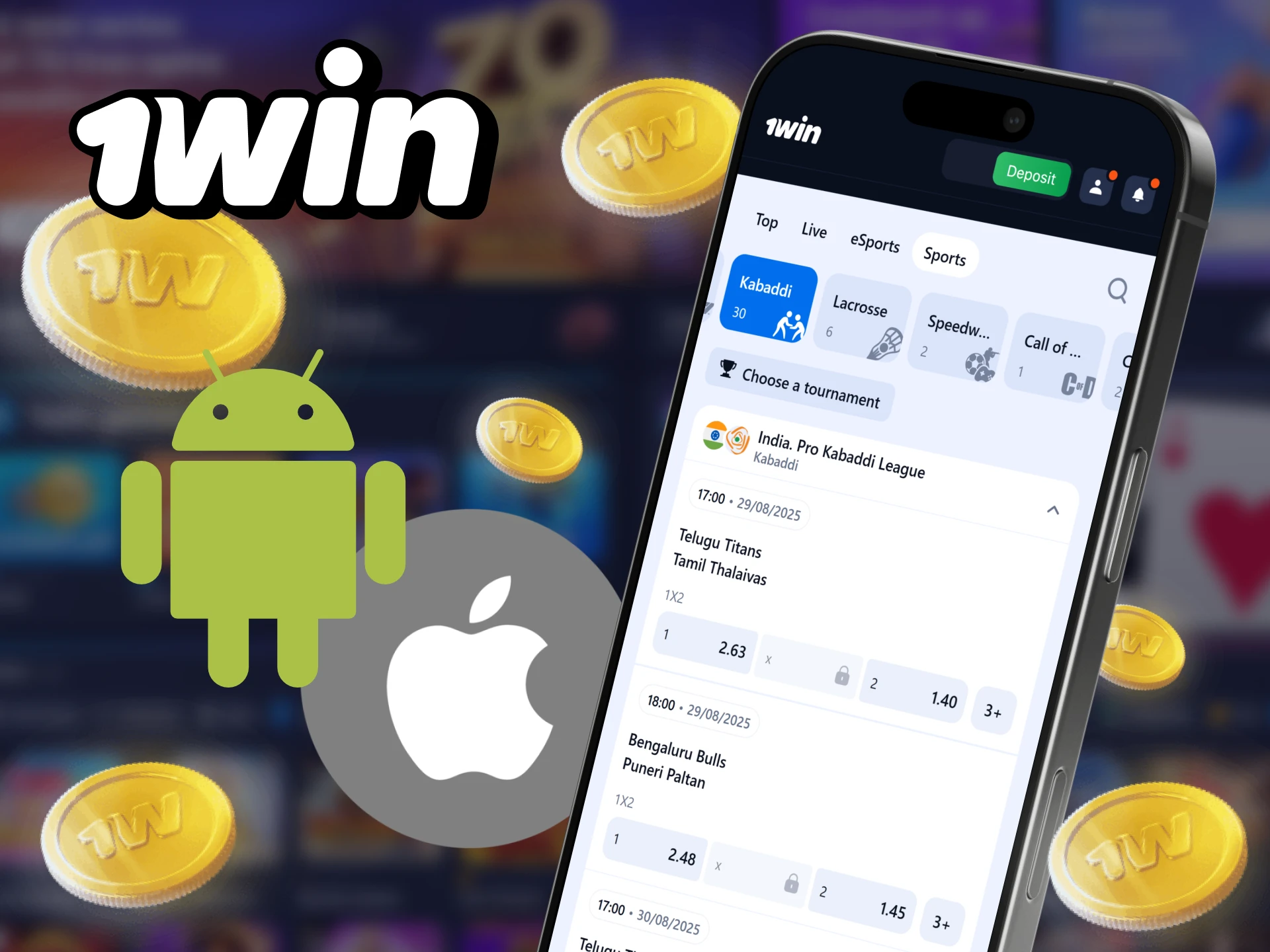 Download the 1win app to place bets on kabaddi.