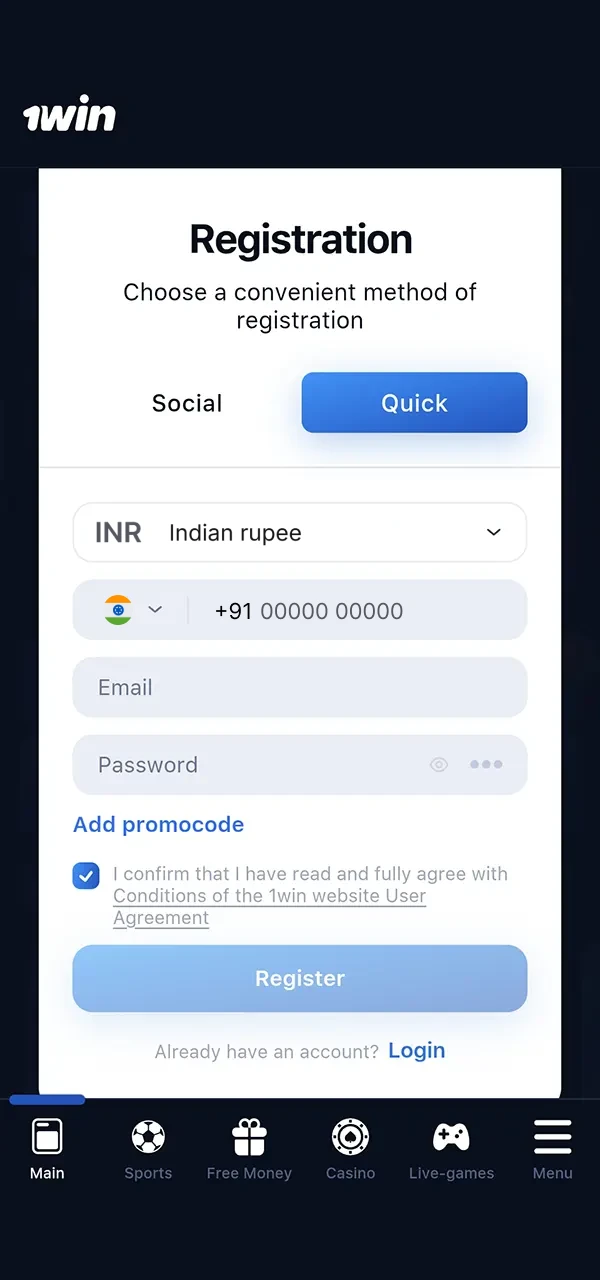 Register in the 1Win application and get access to all the features.